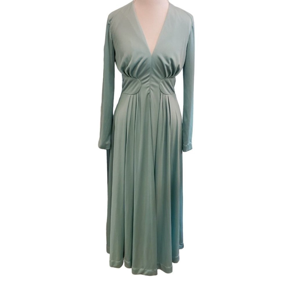 Vintage 70s Womens Sz Medium Mint Green Long Sleeve Maxi Hostess Dress V-neck